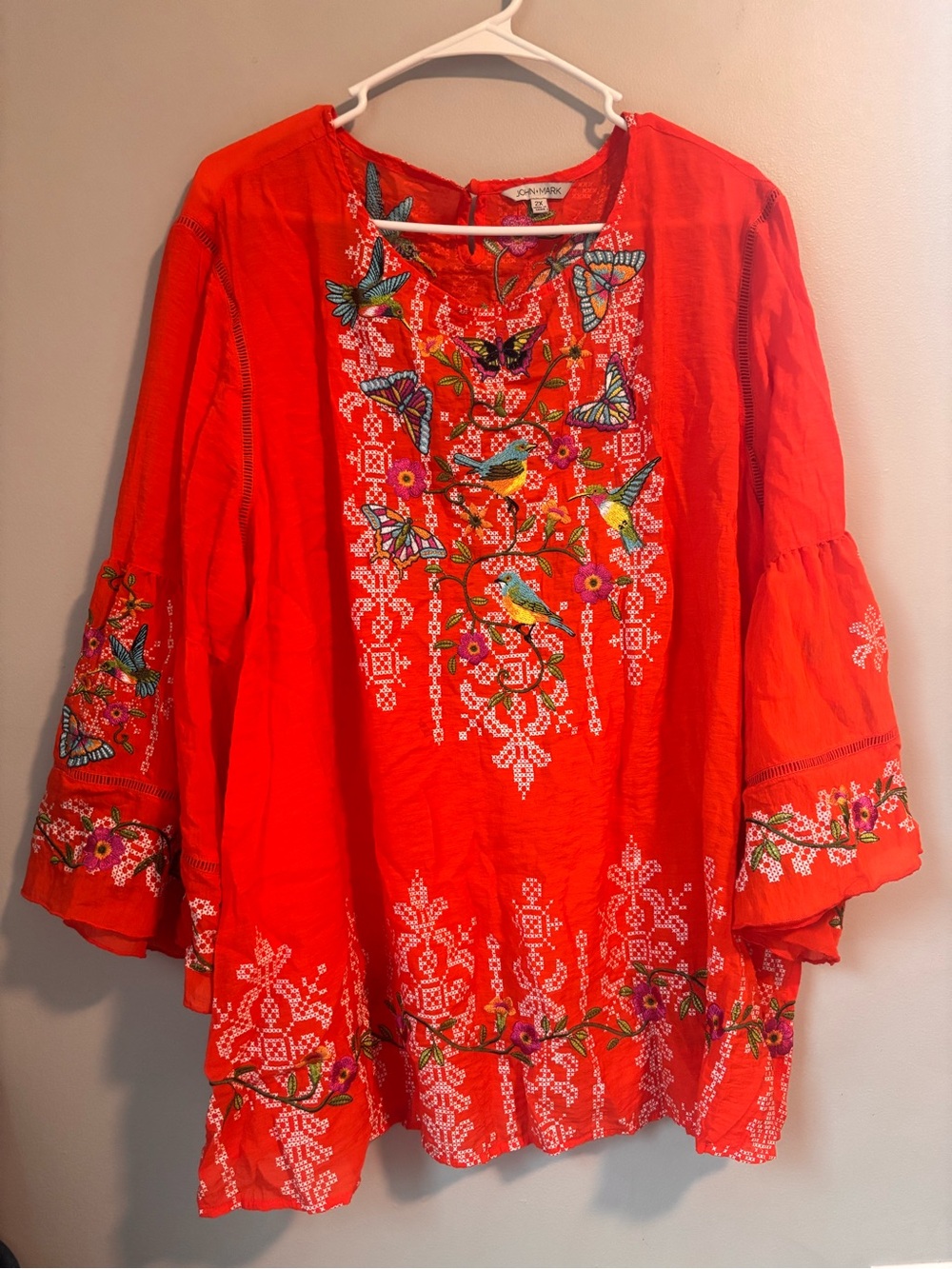 John Mark Coral-Red Embroidered Bell-Sleeve Top